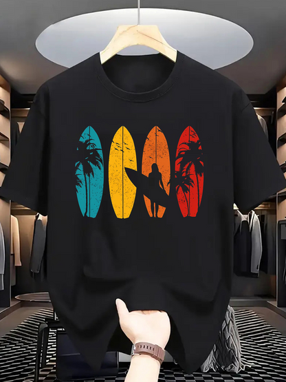 Men's Graphic T-Shirt Sunset Palette Surfboards With Palm Trees And Surfer Silhouette
