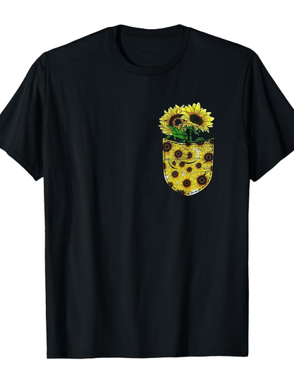 Men's Graphic T-Shirt Bright Sunflowers In Patterned Pocket On Casual Black Shirt