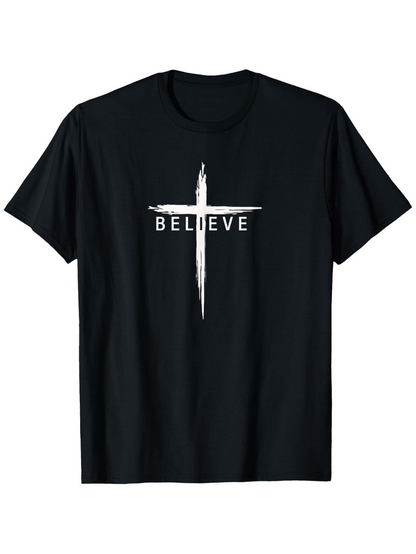 Men's Graphic T-Shirt Believe Bold White Brushstroke Cross Design Centered Symbol