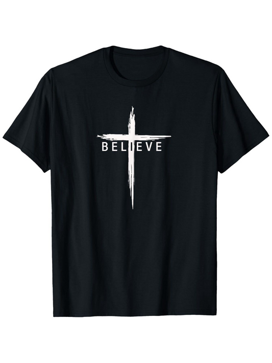 Men's Graphic T-Shirt Believe Bold White Brushstroke Cross Design Centered Symbol