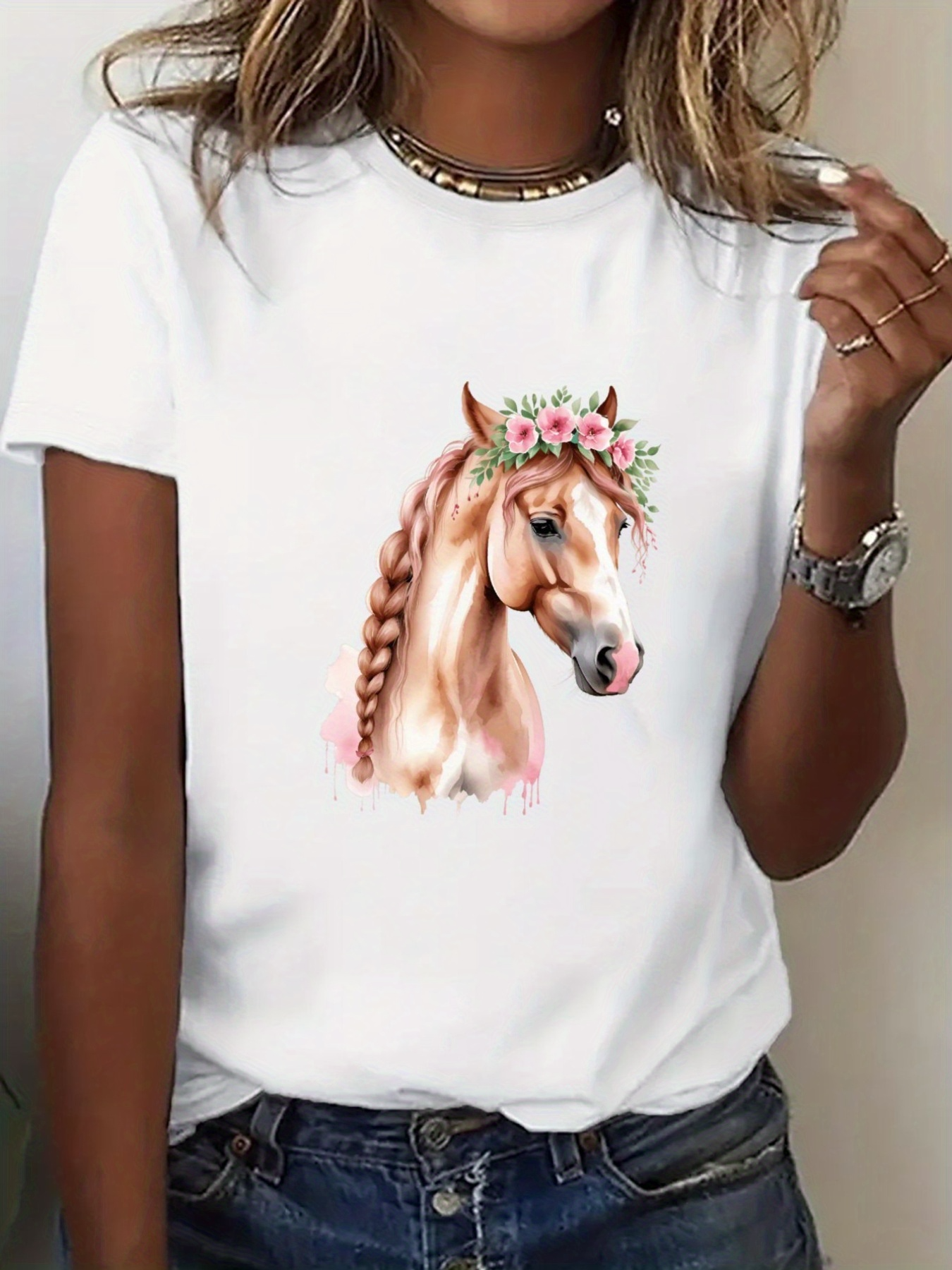 Men's Graphic T-Shirt Delicate Floral Accents With Flowing Braids Graceful Brown Horse