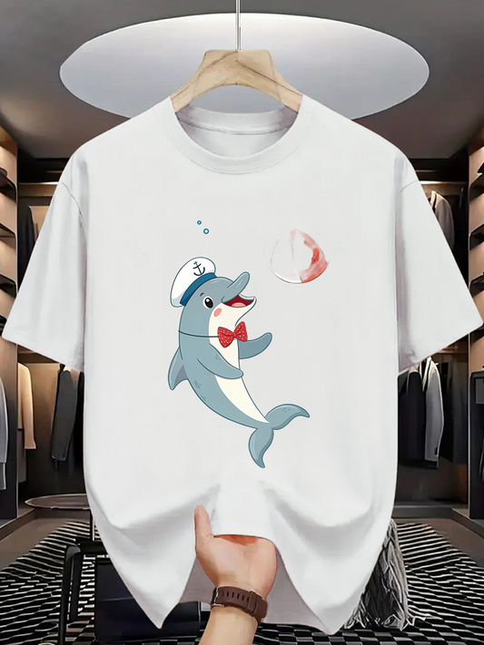 Men's Graphic T-Shirt Playful Dolphin With Bow Tie And Sailor Hat Smiling Under Bubbles Dolphin