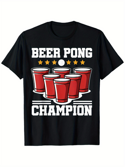 Men's Graphic T-Shirt Beer Pong Champion Red Cups With Gold Stars Under White Ball Champion