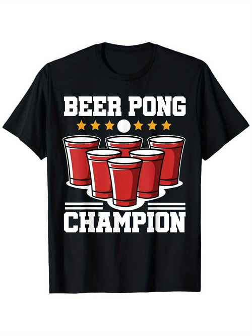 Men's Graphic T-Shirt Beer Pong Champion Red Cups With Gold Stars Under White Ball Champion