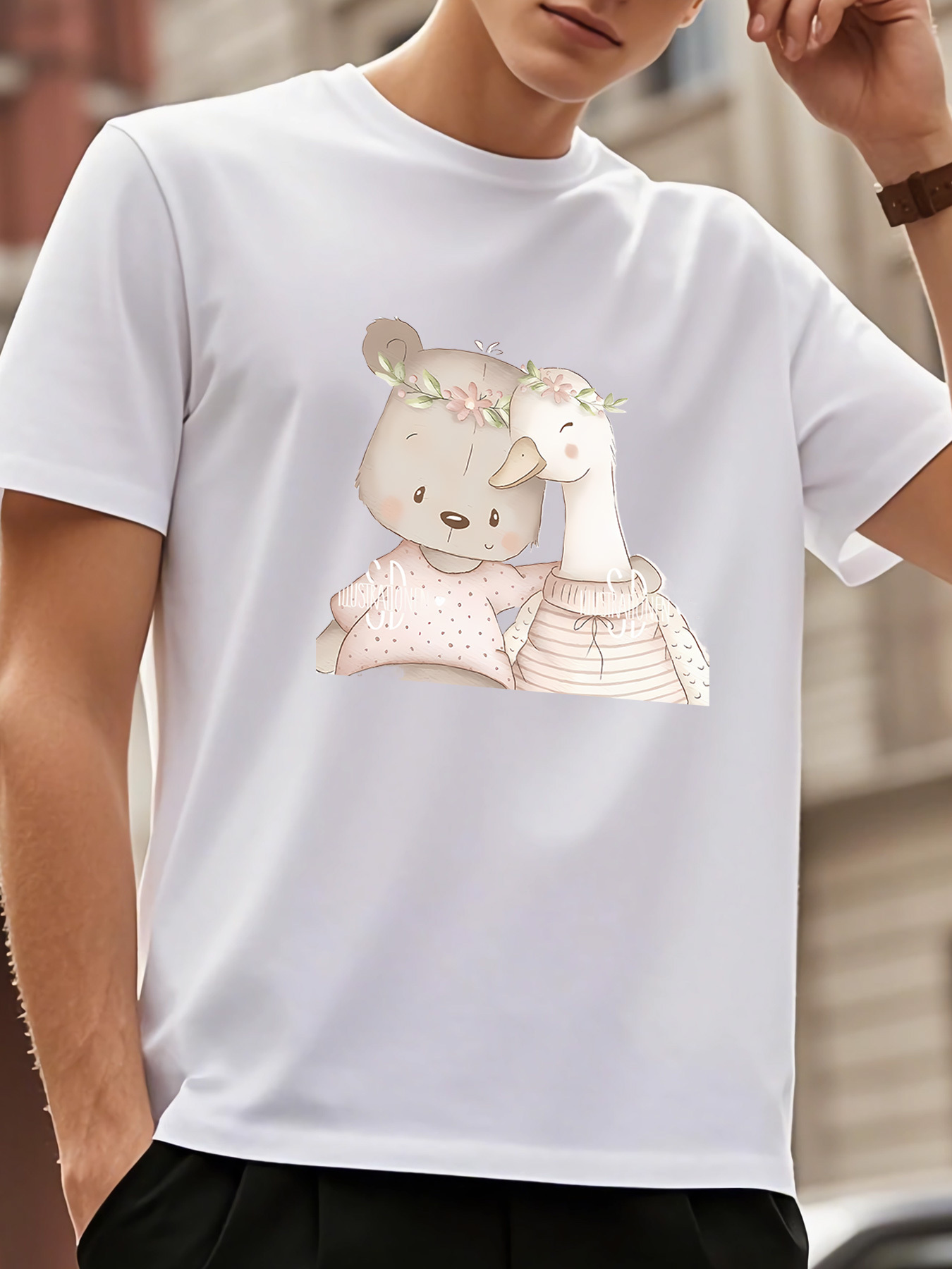 Men's Graphic T-Shirt Soft Pastel Companionship Of Gentle Bear And Duckling