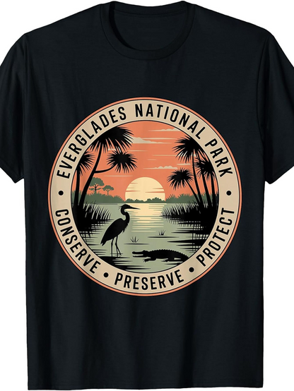 Men's Graphic T-Shirt Vintage Sunset Landscape With Wetlands Silhouetted Egret And Palm Trees