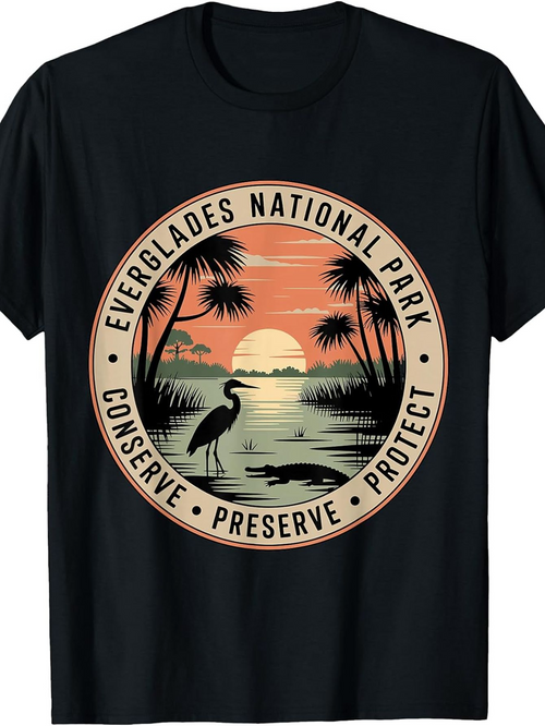 Men's Graphic T-Shirt Vintage Sunset Landscape With Wetlands Silhouetted Egret And Palm Trees