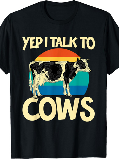 Men's Graphic T-Shirt Yep I Talk To Cows Vintage Sunset Stripes Over Pasture With Grazing Cow