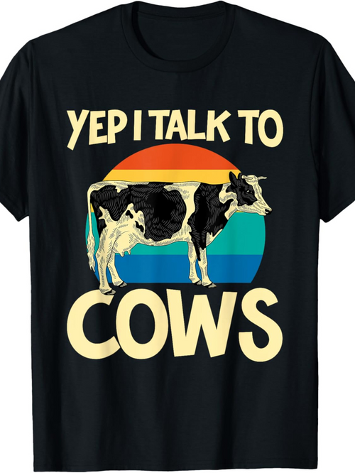 Men's Graphic T-Shirt Yep I Talk To Cows Vintage Sunset Stripes Over Pasture With Grazing Cow
