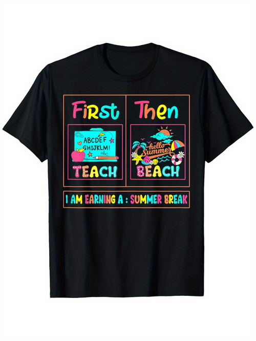 Men's Graphic T-Shirt First Then Colorful Lettering With Summer Beach Scene T shirt