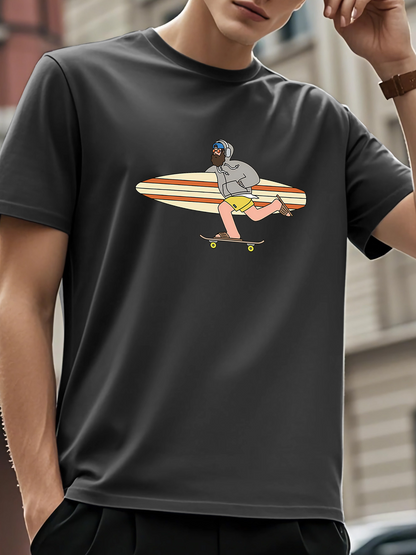 Men's Graphic T-Shirt Retro Urban Style With Surfer Carrying Striped Surfboard Skateboard