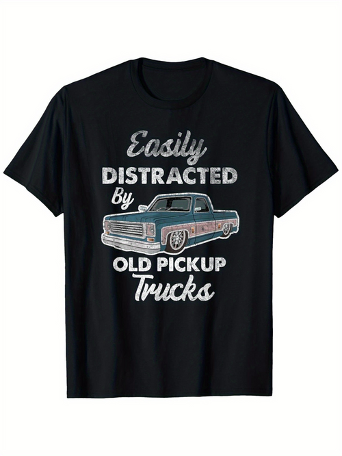 Men's Graphic T-Shirt Easily Distracted By Old Pickup Trucks Vintage Illustration With Classic Car