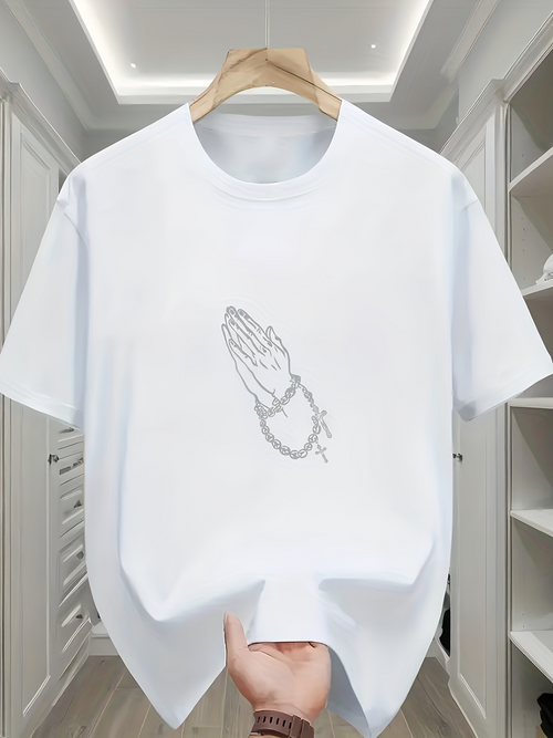 Men's Graphic T-Shirt Minimalist Thin Line Hands With Rosary Beads In Prayer