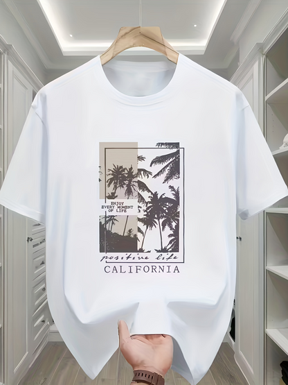 Men's Graphic T-Shirt Positive Life Among Tall Palm Trees Under Summer Sunset California