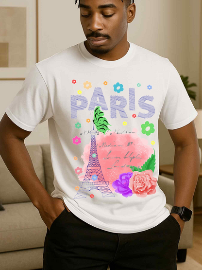 Men's Graphic T-Shirt Paris Blossom Garden With Eiffel Tower And Colorful Painted Flowers
