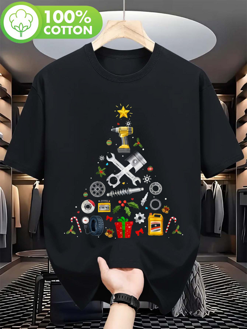 Men's Graphic T-Shirt Festive Christmas Tree Built With Wrenches Gears And Spark Plugs