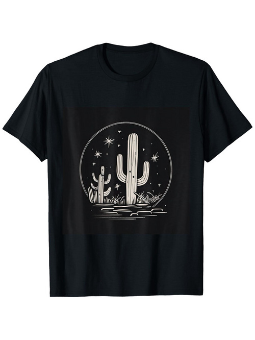 Men's Graphic T-Shirt Starlit Desert Night With Moon Reflections Among Tall Standing Cactus