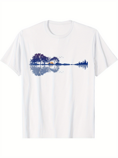 Men's Graphic T-Shirt Blue Trees Reflected On Water Forming Abstract Guitar