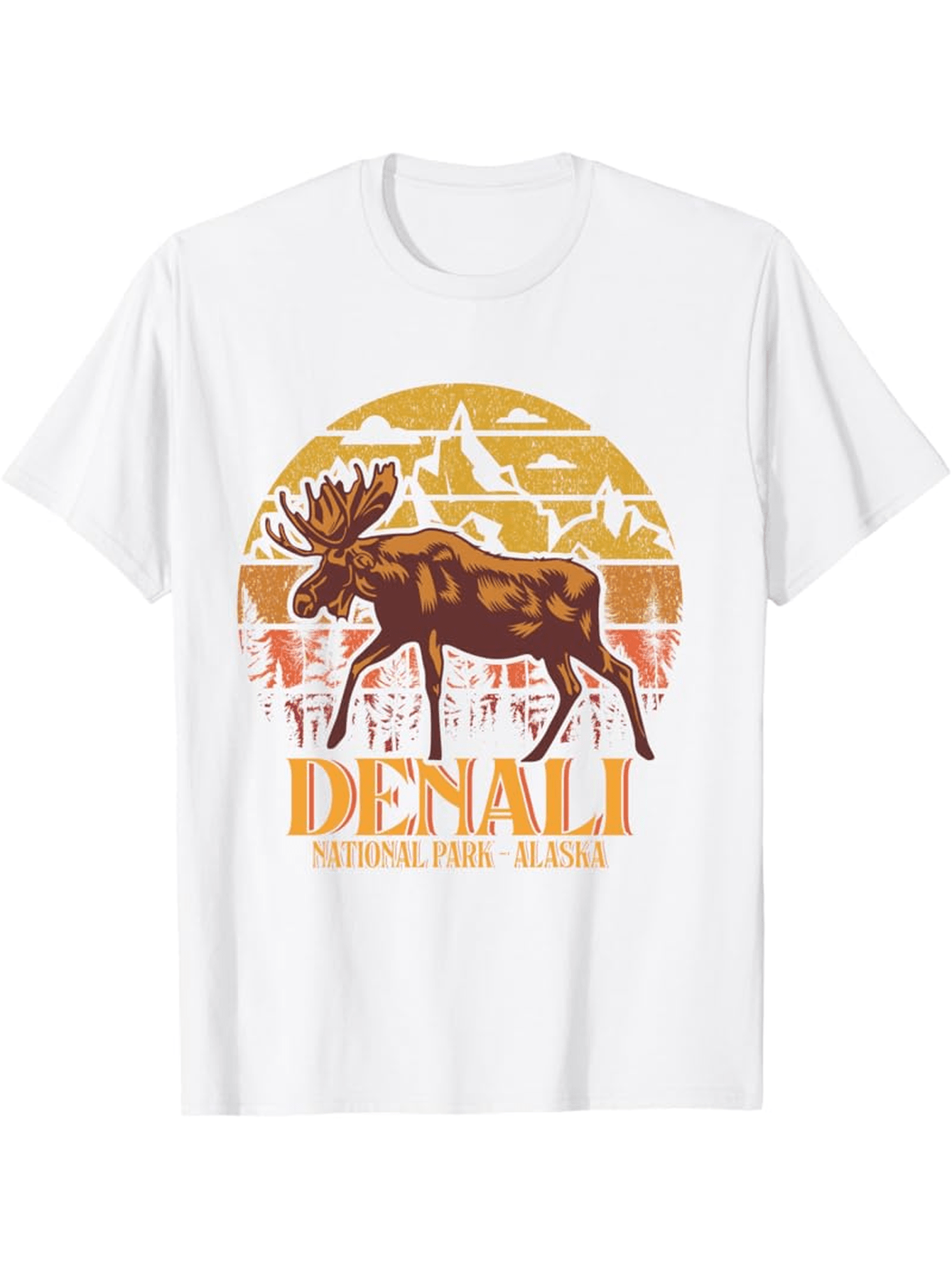 Men's Graphic T-Shirt Denali With Orange Sunset And Majestic Moose Under Mountain Landscape