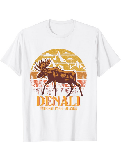Men's Graphic T-Shirt Denali With Orange Sunset And Majestic Moose Under Mountain Landscape