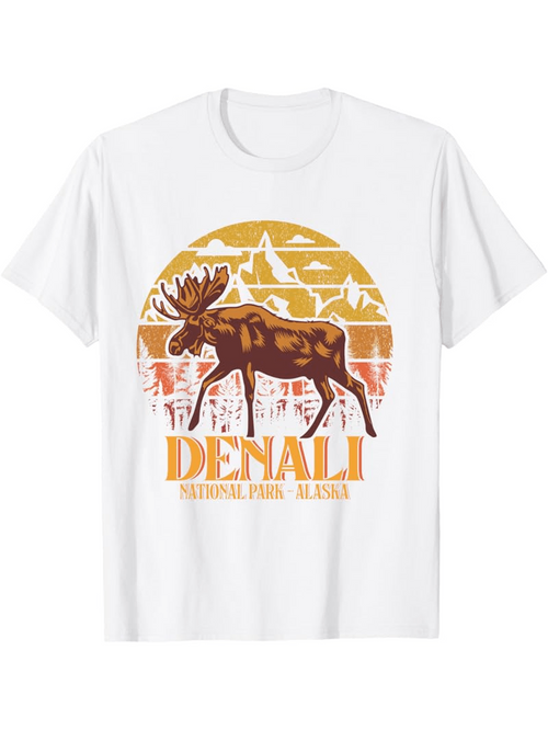 Men's Graphic T-Shirt Denali With Orange Sunset And Majestic Moose Under Mountain Landscape