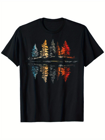 Men's Graphic T-Shirt Colorful Autumn Trees Reflected On Still Water Silhouette Forest
