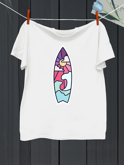 Men's Graphic T-Shirt Vibrant Sunset Sky With Rolling Ocean Waves Surfboard