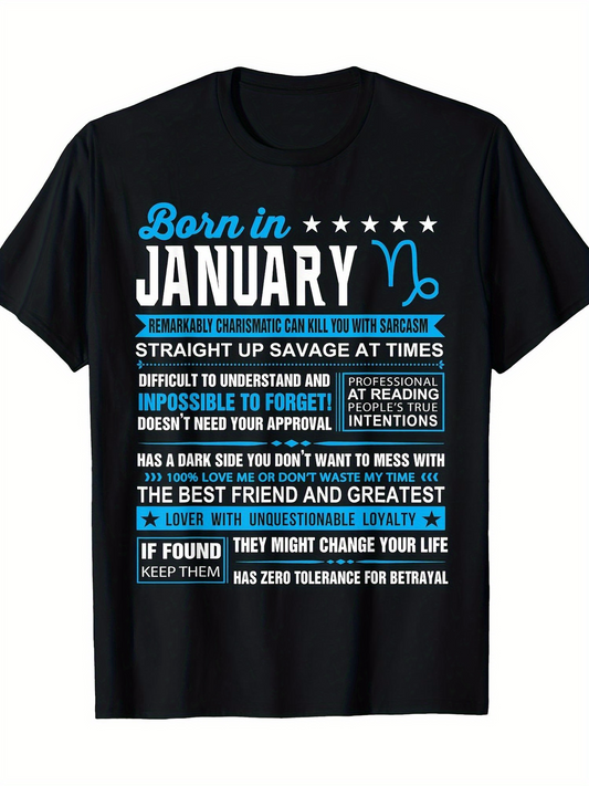 Men's Graphic T-Shirt Born In January Zodiac Themed Motivational Quotes With Stars Capricorn Symbol