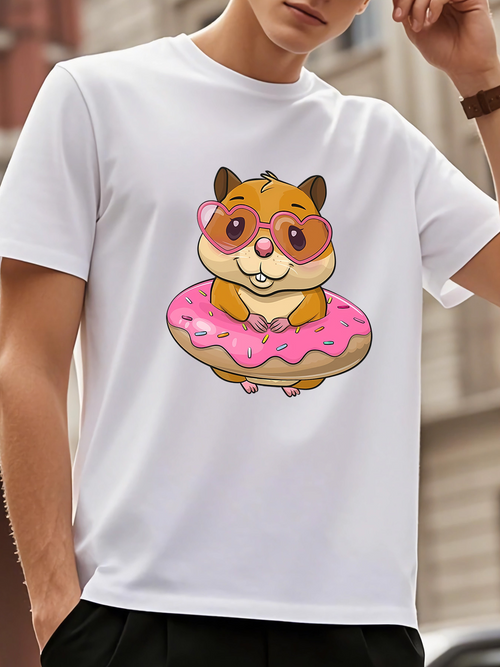 Men's Graphic T-Shirt Adorable Cartoon Style Hamster Sitting In A Delicious Iced Donut