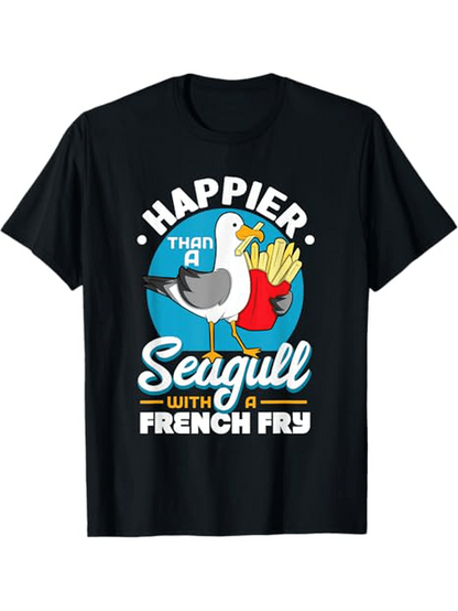 Men's Graphic T-Shirt Happier Than A Seagull With A French Fry Cartoon Art Seagull