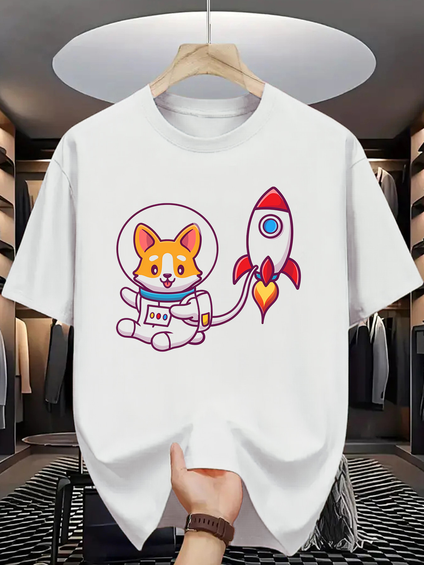 Men's Graphic T-Shirt Playful Space Dog With Rocket Flying Among Stars Astronaut Adventure