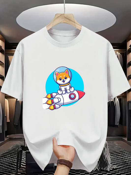 Men's Graphic T-Shirt Cartoon Shiba Inu In Astronaut Suit Riding Colorful Space Rocket