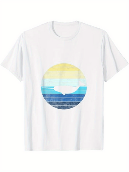 Men's Graphic T-Shirt Abstract Horizon With Faded Blue Yellow Lines In Calm Circular Design Sunset