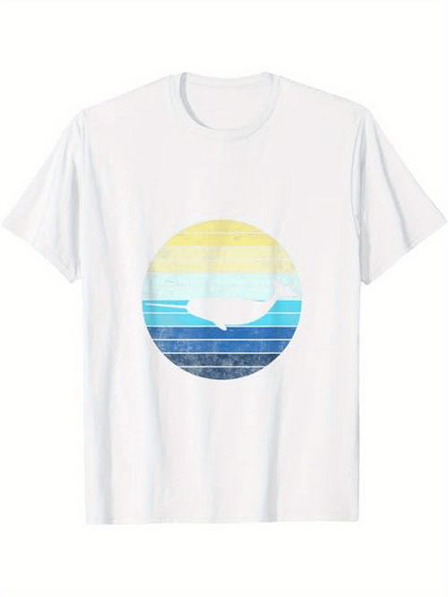 Men's Graphic T-Shirt Abstract Horizon With Faded Blue Yellow Lines In Calm Circular Design Sunset