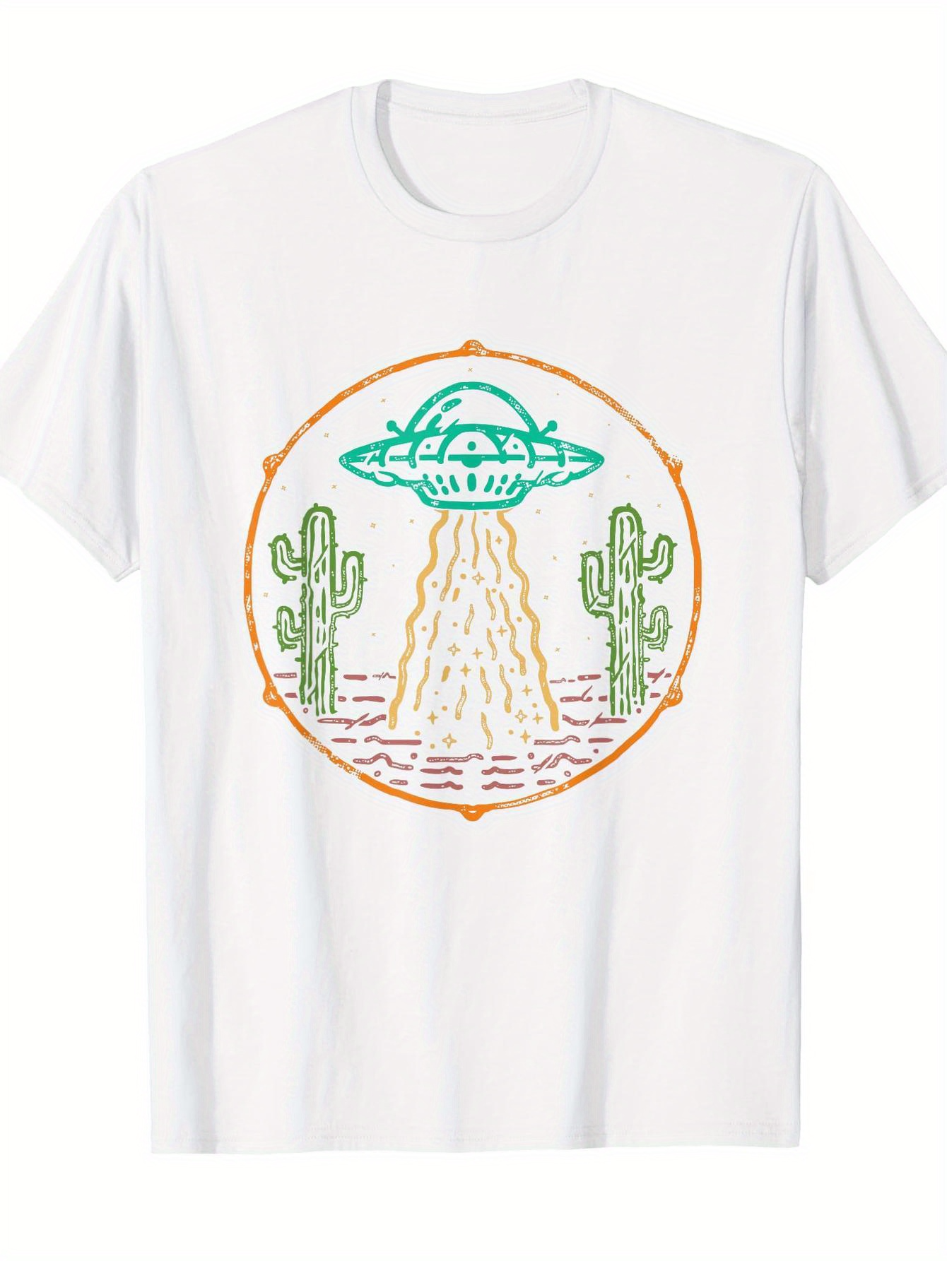 Men's Graphic T-Shirt Desert Landscape With Cacti Surrounded By Alien Spaceship Beaming Light