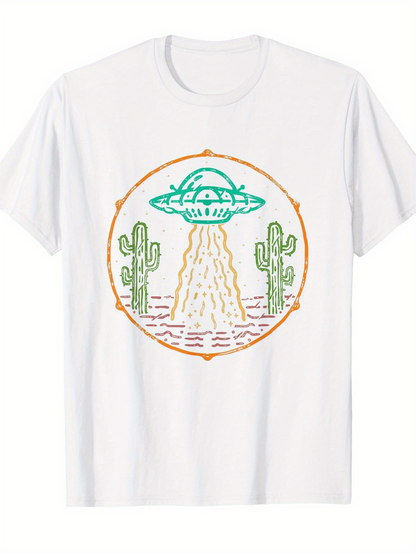 Men's Graphic T-Shirt Desert Landscape With Cacti Surrounded By Alien Spaceship Beaming Light