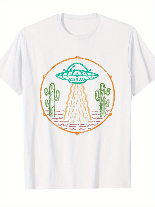 Men's Graphic T-Shirt Desert Landscape With Cacti Surrounded By Alien Spaceship Beaming Light