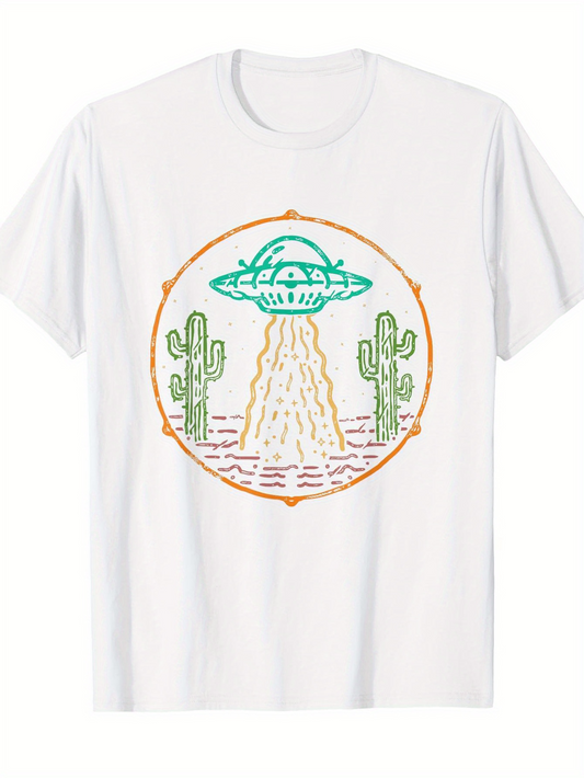 Men's Graphic T-Shirt Desert Landscape With Cacti Surrounded By Alien Spaceship Beaming Light
