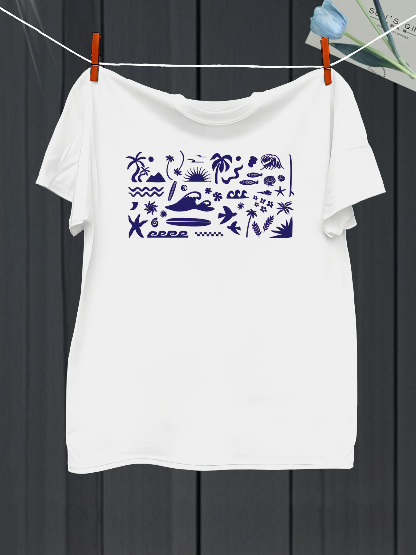 Men's Graphic T-Shirt Summer Adventure With Waves Palms Sun Birds And Swimmers Ocean