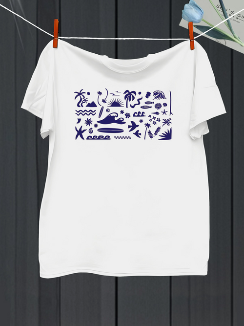 Men's Graphic T-Shirt Summer Adventure With Waves Palms Sun Birds And Swimmers Ocean