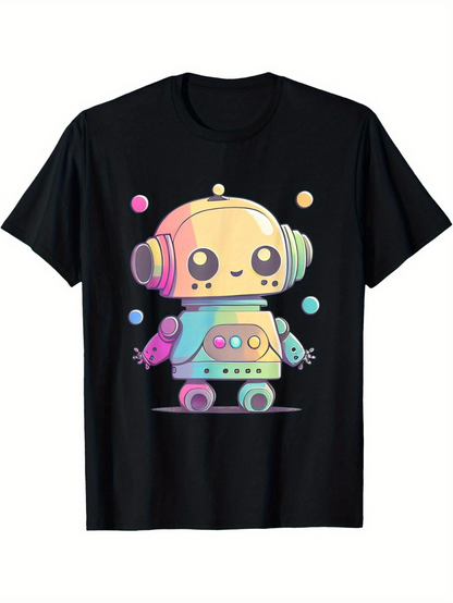 Men's Graphic T-Shirt Pastel Neon Circles Floating Around Playful Cartoon Robot