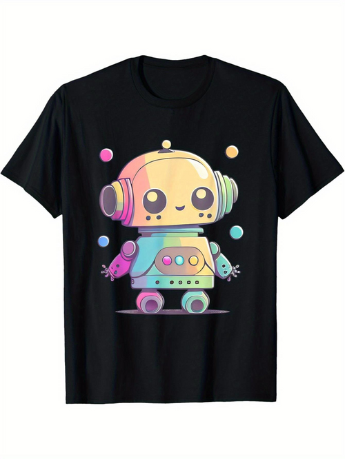 Men's Graphic T-Shirt Pastel Neon Circles Floating Around Playful Cartoon Robot