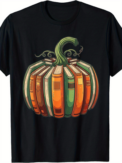 Men's Graphic T-Shirt Vintage Hardcover Books Arranged In Pumpkin Shape With Swirling Green Stem Pumpkin