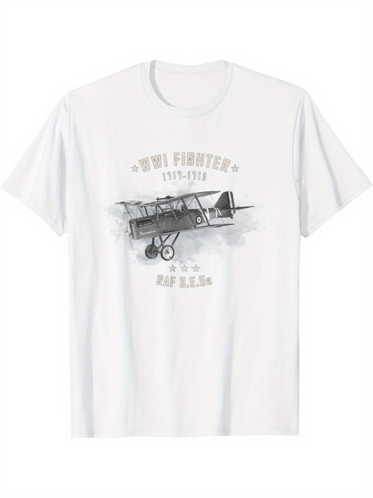 Men's Graphic T-Shirt WWI Fighter History Aircraft Illustration And Faded Sketched Airplane