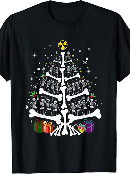 Men's Graphic T-Shirt Skeletons Dancing With Christmas Tree Bones And Colorful Presents