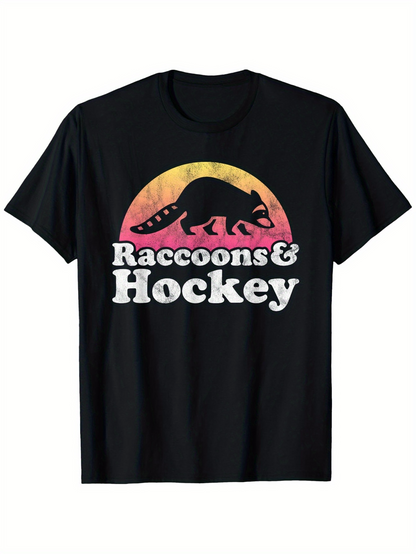 Men's Graphic T-Shirt Raccoons And Hockey Sunset Gradient With Silhouette Raccoon
