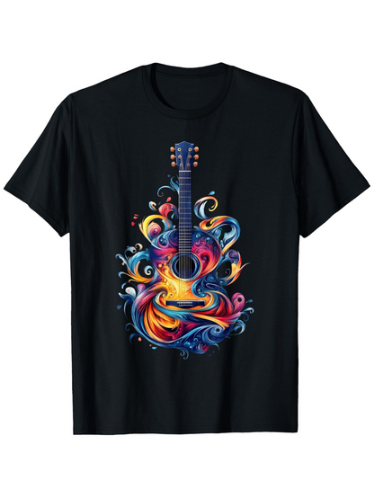 Men's Graphic T-Shirt Vivid Colorful Swirls And Flowing Flames With Abstract Waves Guitar