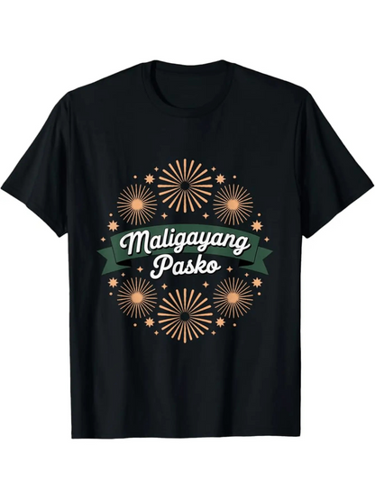 Men's Graphic T-Shirt Festive Fireworks With Green Accents Surrounding Christmas Greeting Shirt
