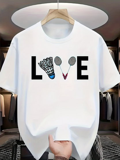 Men's Graphic T-Shirt Love Two Badminton Rackets And Shuttlecock Game Lettering