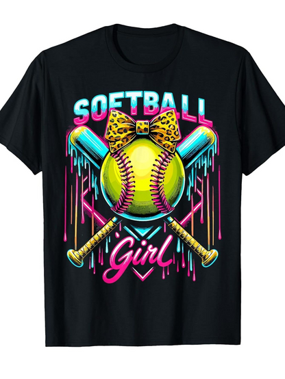 Men's Graphic T-Shirt Softball Girl Neon Paint Splash With Bats And Animal Print Bow Softball